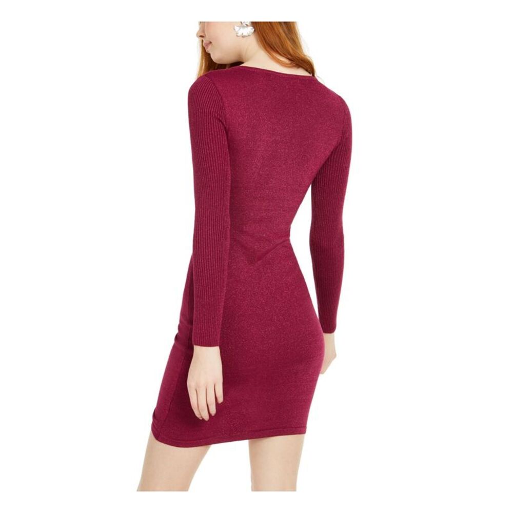 CRAVE FAME Womens Body Con Short Dress Purple Long Sleeve V Neck Party Juniors L - Picture 2 of 4